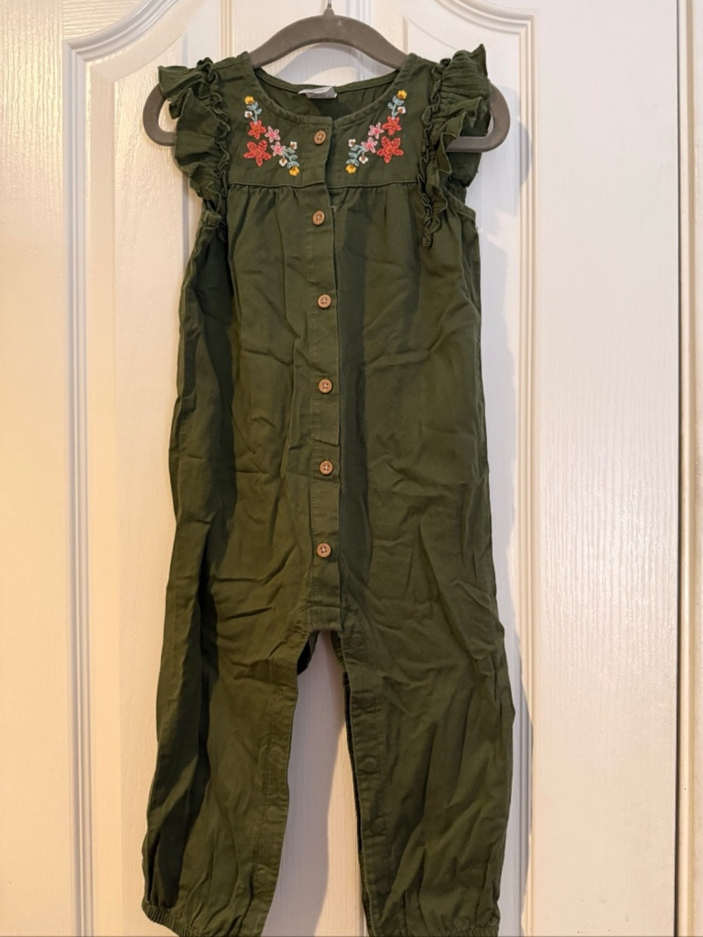 Toddler Girl's Olive Green Floral Embroidered Ruffle Sleeve Jumpsuit